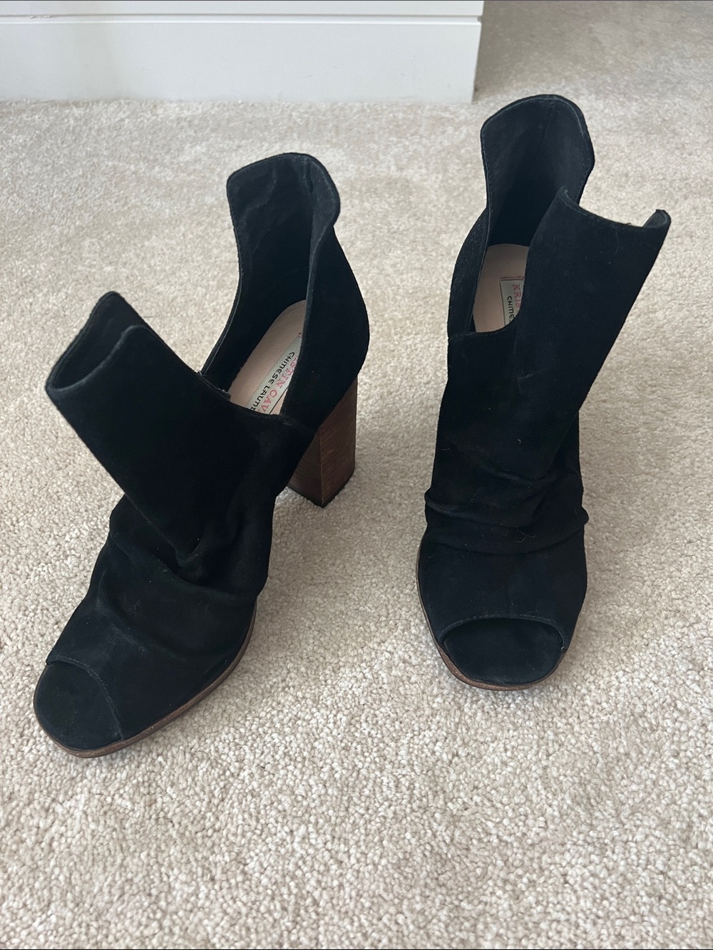 Chinese Laundry Kristin Cavallari Black Suede Peep-Toe Block Heel Ankle Boots